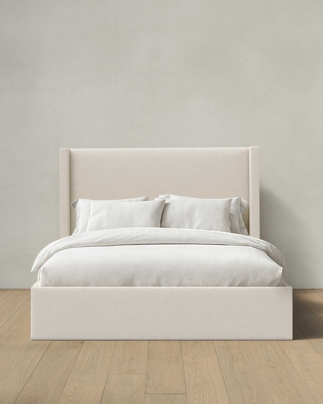 Wingback Bed, Ivory Linen-Like Fabric with Tall Headboard