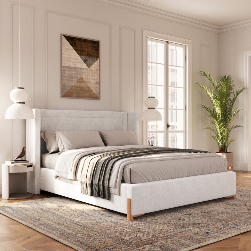 Wingback Bed Ivory Linen-Like Vertical Channel Tufting Transitional