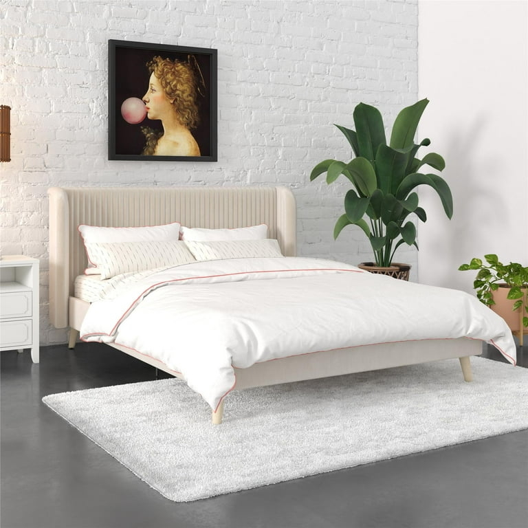 Wingback Bed Ivory Velvet Diamond Button Tufting Tapered Legs