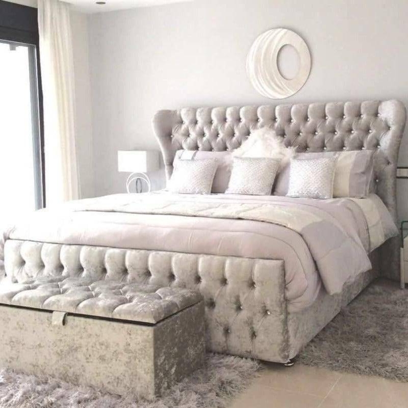 Wingback Bed Metallic Silver Velvet Vertical Channel Tufting Glam
