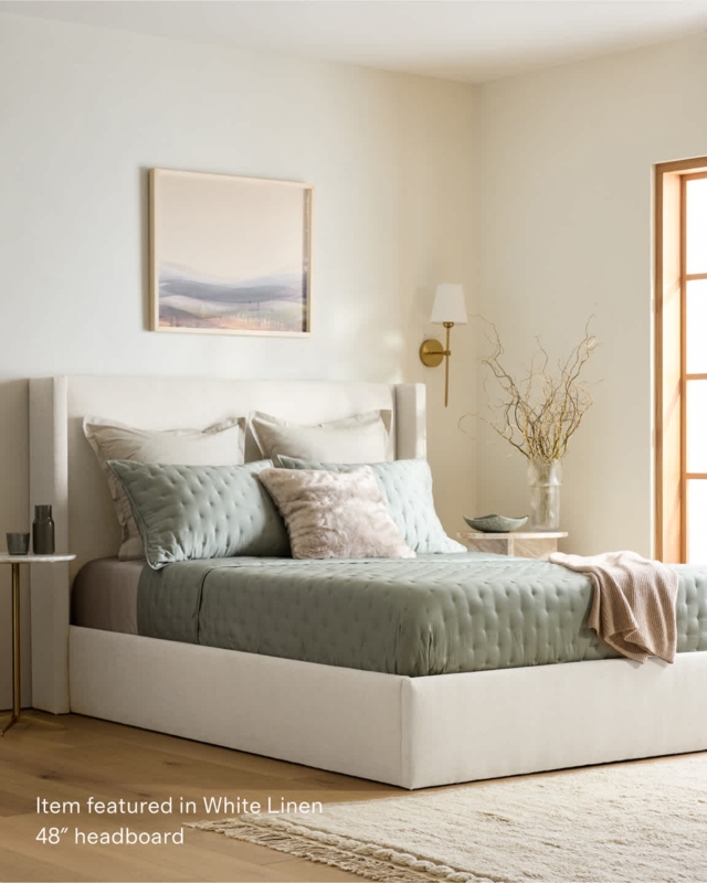 Wingback Bed Navy Linen-Like Upholstery Transitional Bedroom Styling