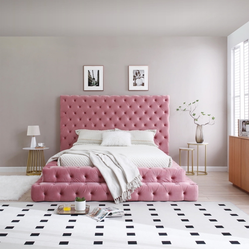 Wingback Bed, Rose Velvet Vertical Channel Tufting with Polished Gold Legs