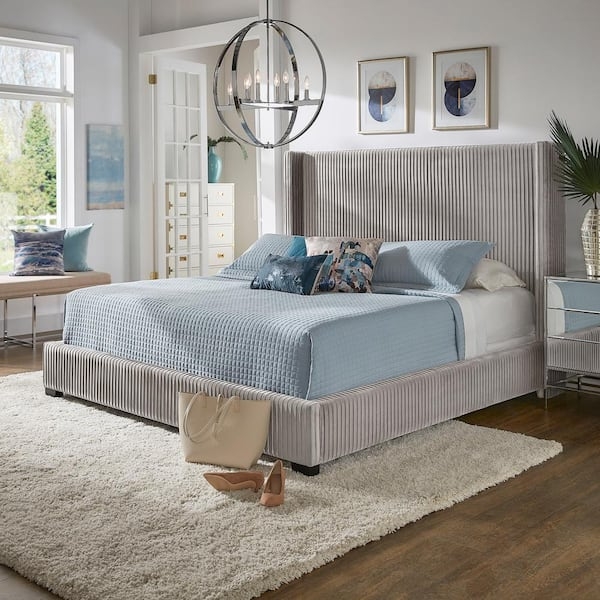 Wingback Bed Taupe Gray Velvet Vertical Channel Pleating Modern Glam