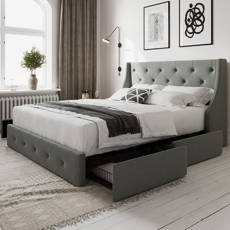 Wingback Bed with 4 Storage Drawers Button Tufted Grey