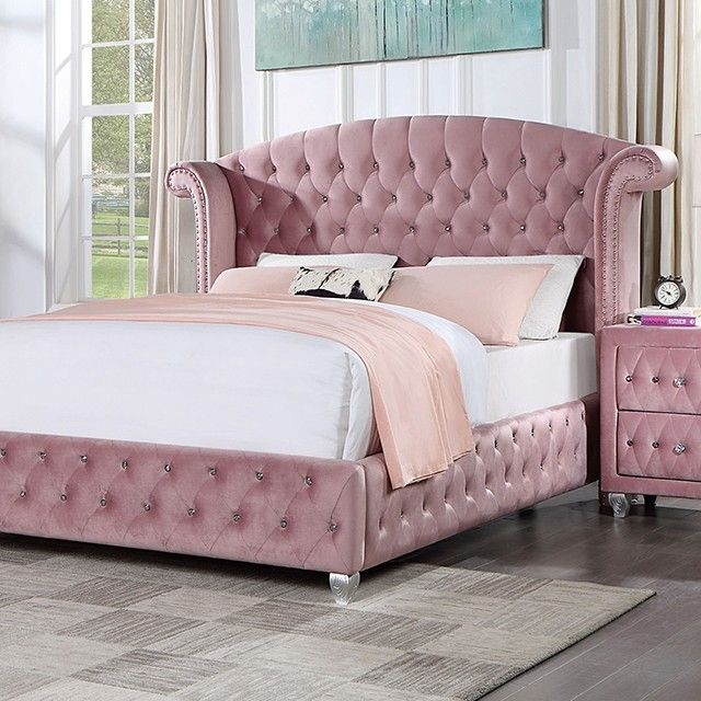 Wingback Bed with Crystal Button Tufting, Dusty Rose Pink Velvet Glam