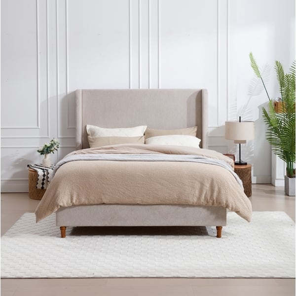 Wingback Bed with Extra-Tall Headboard and Textured Off-White Canvas