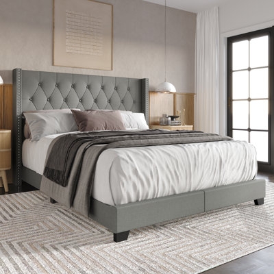 Wingback Bed with Vertical Channel Tufting in Charcoal Grey