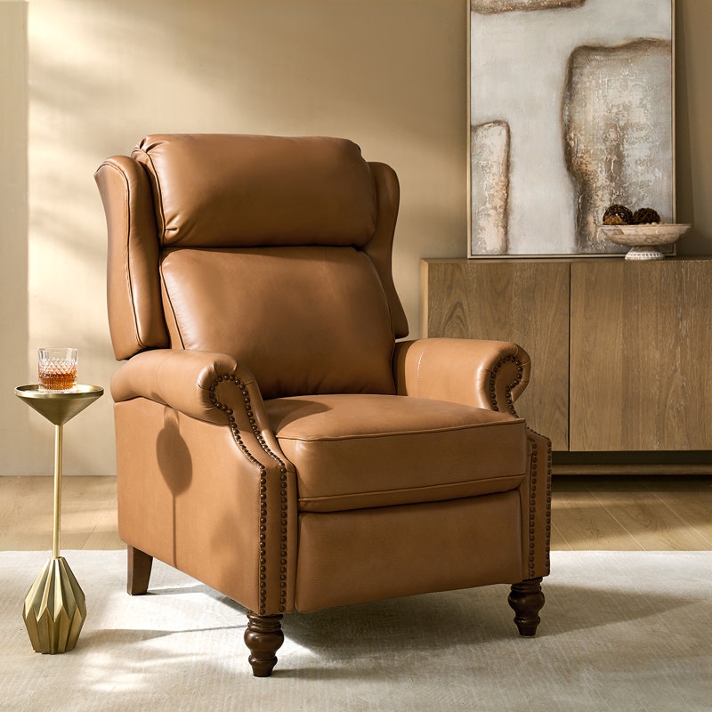 Wingback Recliner Chair Camel Leather-Like Nailhead Trim