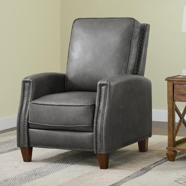 Wingback Recliner Dark Gray Leather-Like Nailhead Trim Push Back