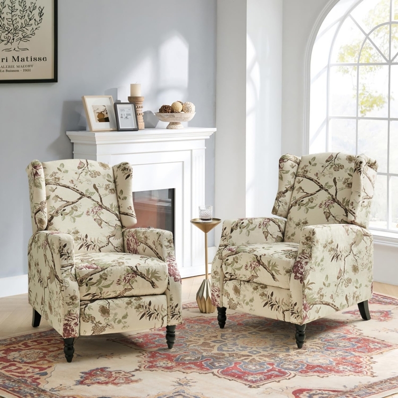 Wingback Recliners Cream Bird Print Push Back Whimsical Patterned
