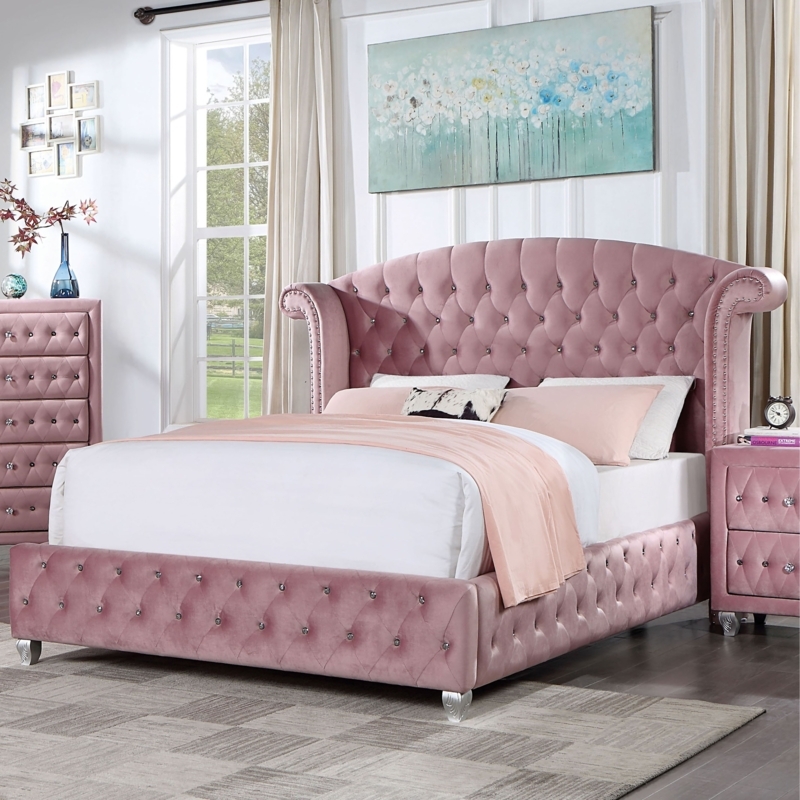 Wingback Upholstered Bed with Silver Nailhead Trim