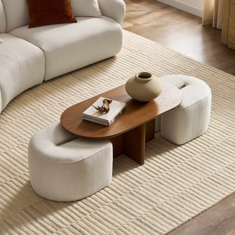 Wood And Boucle Coffee Table Set Mixed Material Nesting
