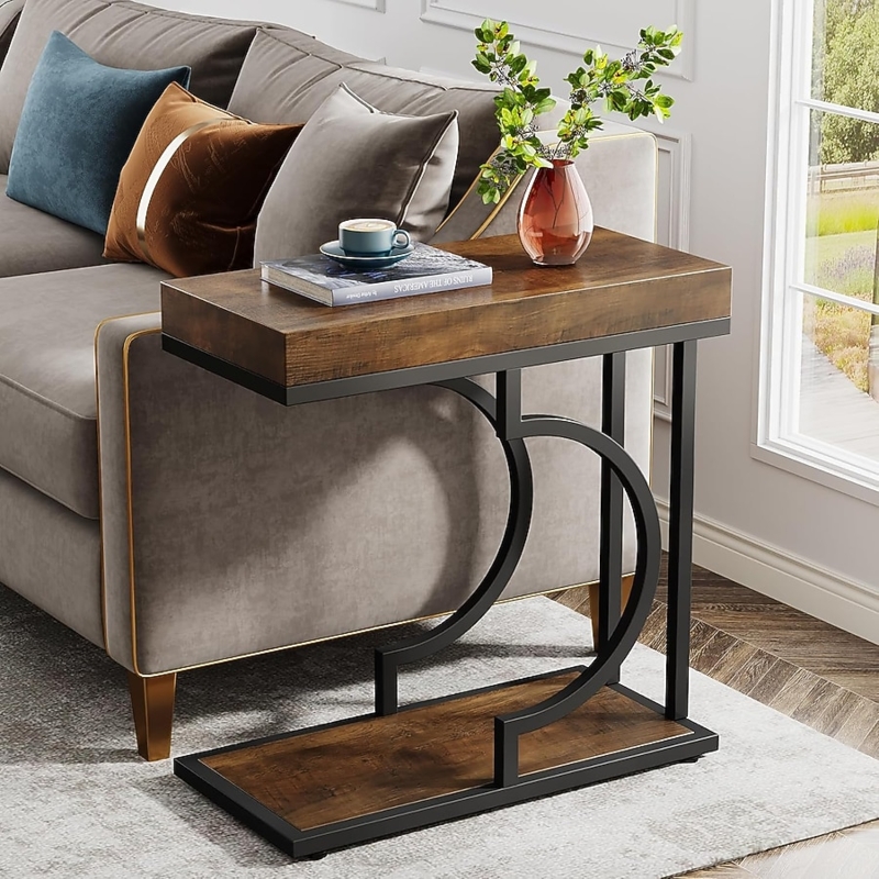 Wood and Metal Snack Table, Slim C-Shaped Profile, Brown Top