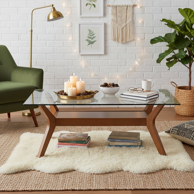 Wood Coffee Table with Glass Top Insert and Slatted Storage Shelf