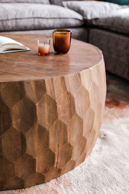 Wood Drum Coffee Table with Ribbed Surface and Natural Finish
