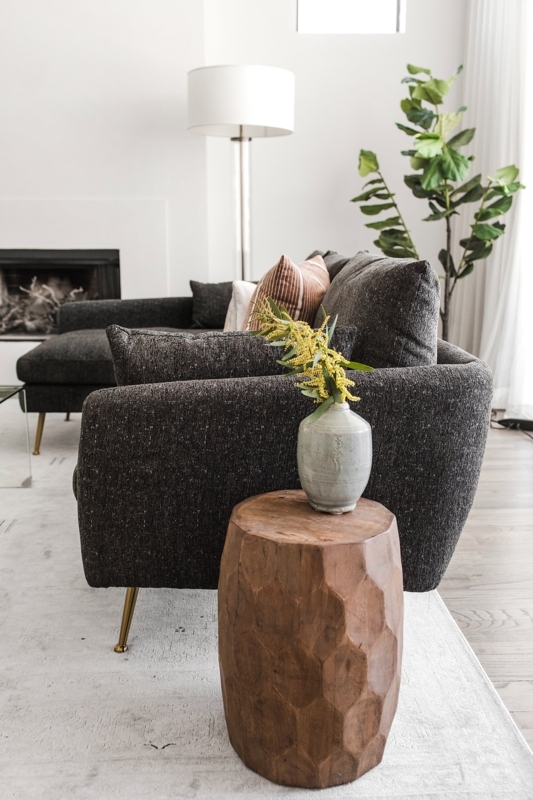 Wood Drum End Table Vertical Slatted Texture Warm Brown Organic