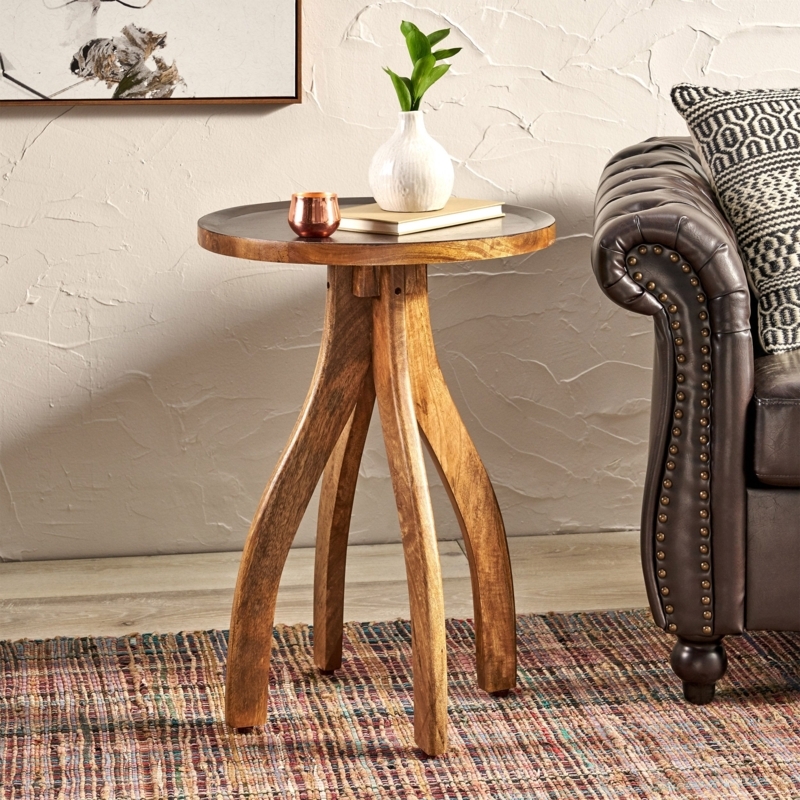 Wood End Table With Radial Floral Carved Drawer Artisan Boho Style