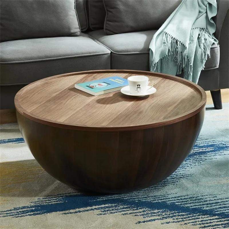 Wood Grain Drum Coffee Table with Hidden Storage Compartment