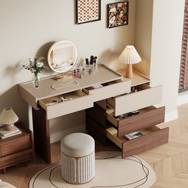 Wood Makeup Vanity Setup with Tapered Legs and Gold Caps