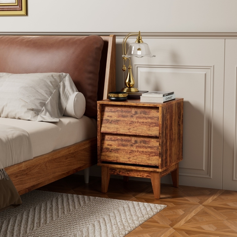 Wood Nightstand featuring Beveled Drawer Fronts and Round Knobs