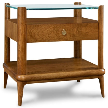 Wood Nightstand Glass Top Two Drawers Open Shelf Splayed Legs Natural