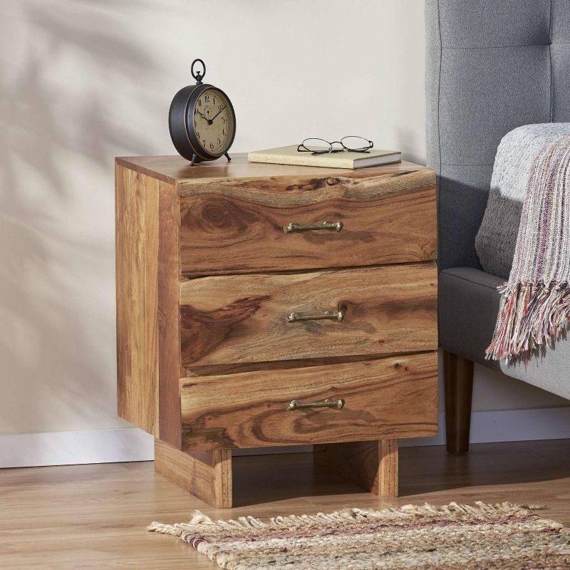 Wood Nightstand with Shelf: 1-Drawer Carved Geometric Front, Natural