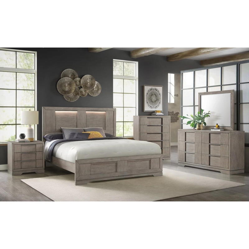 Wood Panel Bed Upholstered Headboard Set Modern Farmhouse