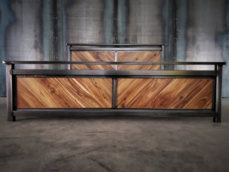 Wood Plank Headboard Platform Bed with Industrial Black Metal Frame