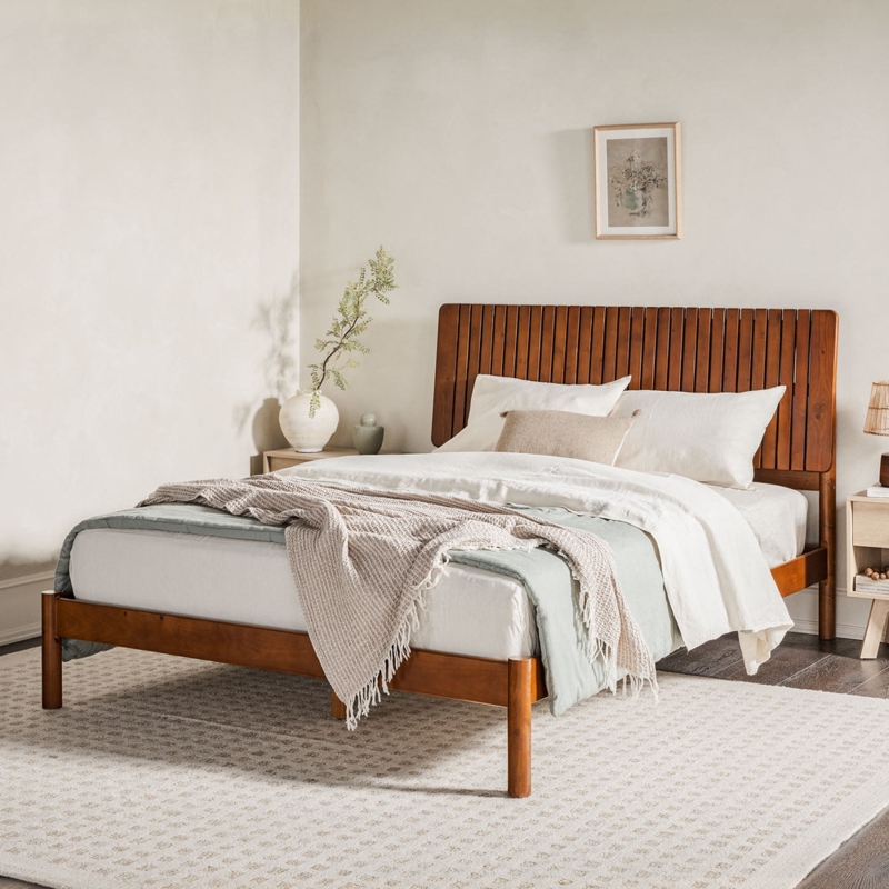 Wood Platform Bed with Slatted Headboard in Mid-Century Modern Style