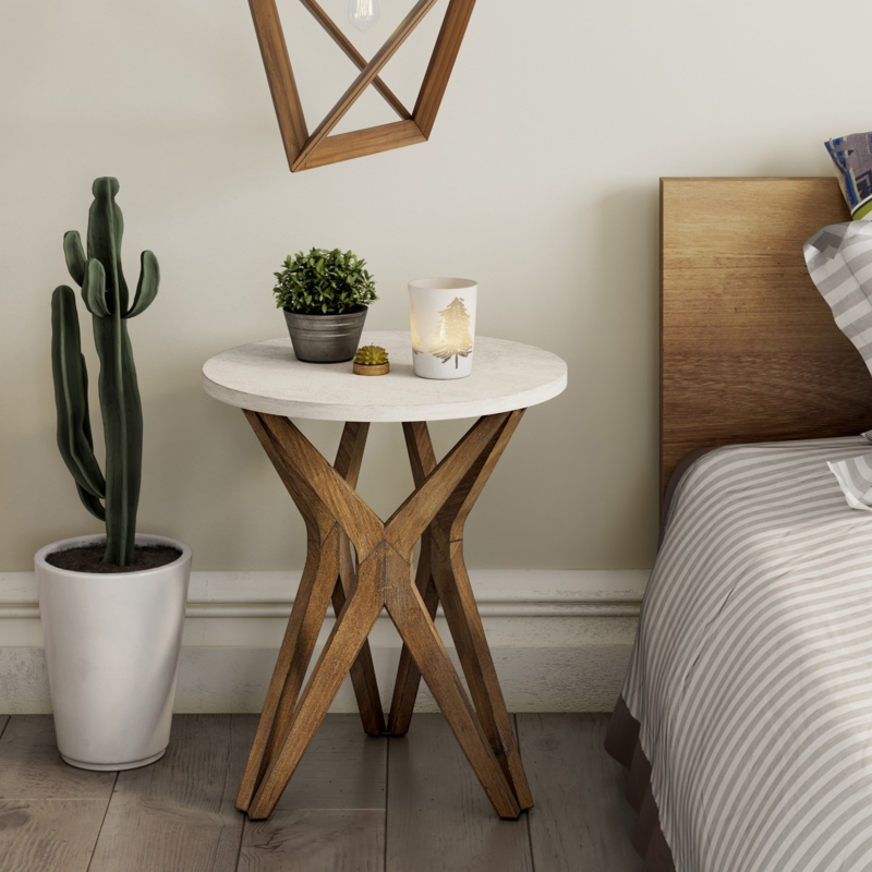 Wood Round End Table Tray Top Distressed White Turned Pedestal