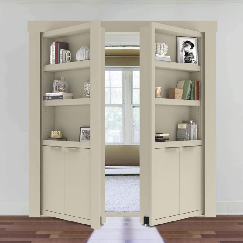 Wood Toned French Murphy Door Bookcase, Built-In Secret Passage