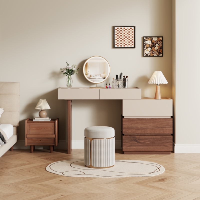 Wood Toned Makeup Vanity Five Drawers, Mid-Century Style Round Mirror
