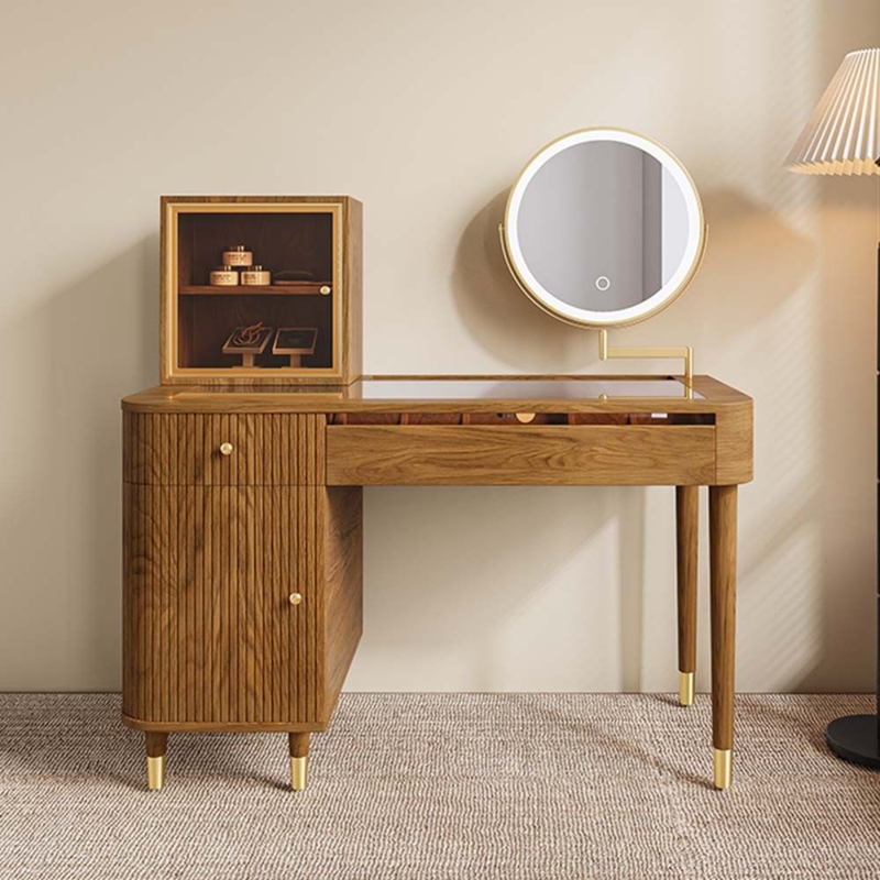 Wood Toned Vanity Set Rotating LED Mirror & Fluted Glass Detail