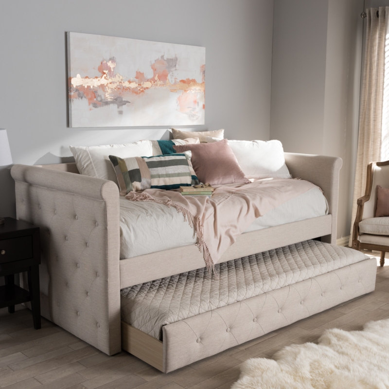 Woven Beige Daybed with Button Tufting and Trundle