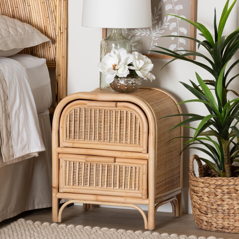 Woven Cane Drawer Storage Nightstand with Round Knobs and Splayed Legs