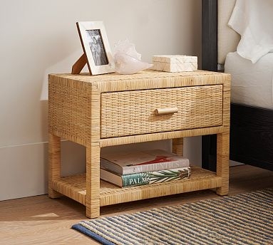 Woven Rattan Nightstand with Dark Hardware Three Drawer Bedside Chest