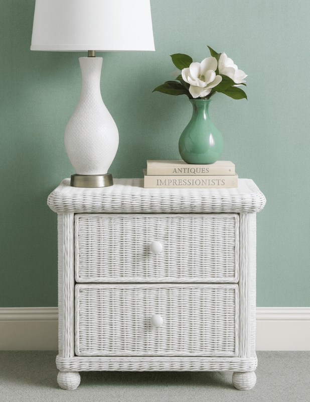 Woven Wicker Nightstand with Glass Top Two Drawers Coastal Boho