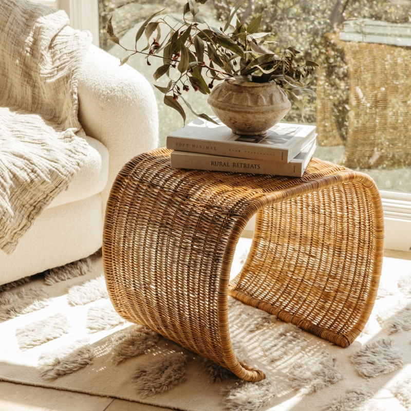 Woven Wicker Side Table Drum Silhouette Organic Modern Decor