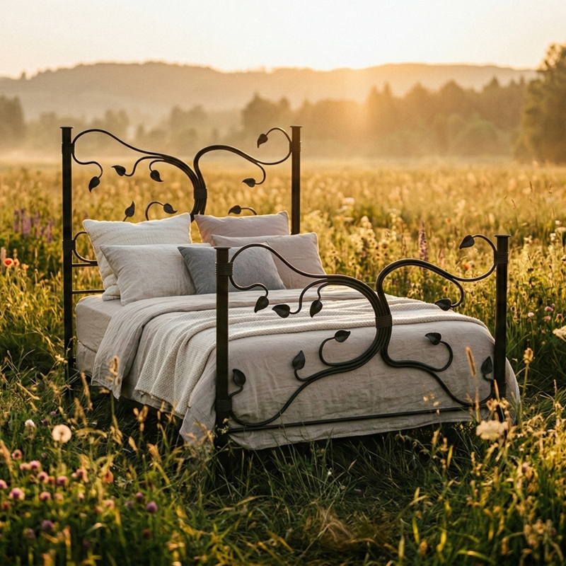 Wrought Iron Bed Frame, Branch Motif with Silver Leaf Accents