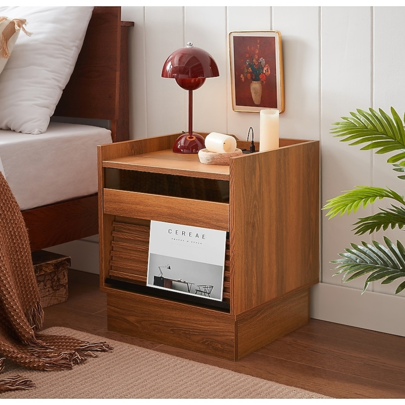 Yellow Mid-Century Modern Nightstand with LED Lighting