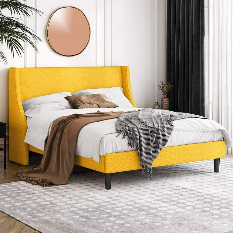 Yellow Platform Bed with Button-Tufted Wingback Headboard