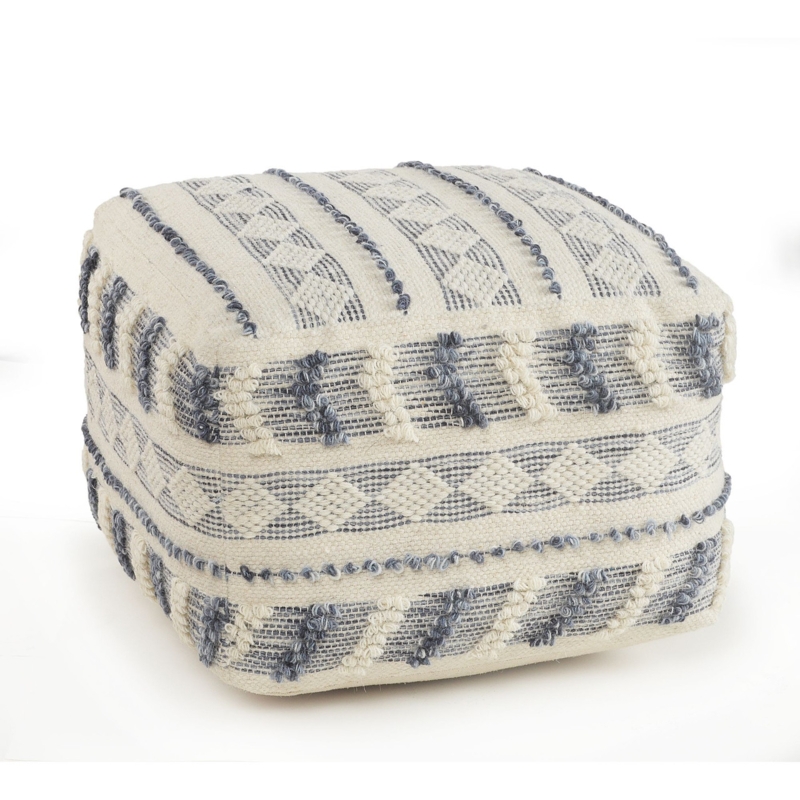 18" Cream and Navy Geometric Tufted Square Wool Pouf Ottoman