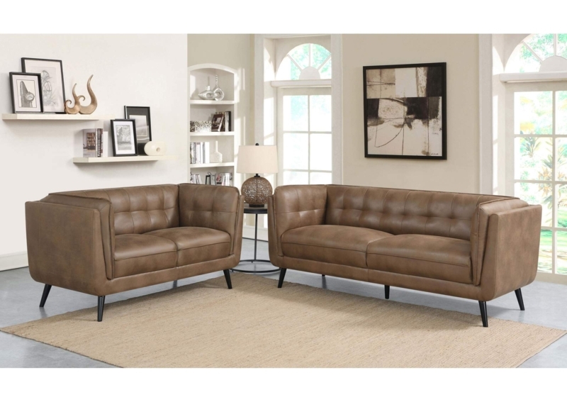 2-Piece Brown Woven Fabric Tuxedo Sofa Set with Grid Tufting