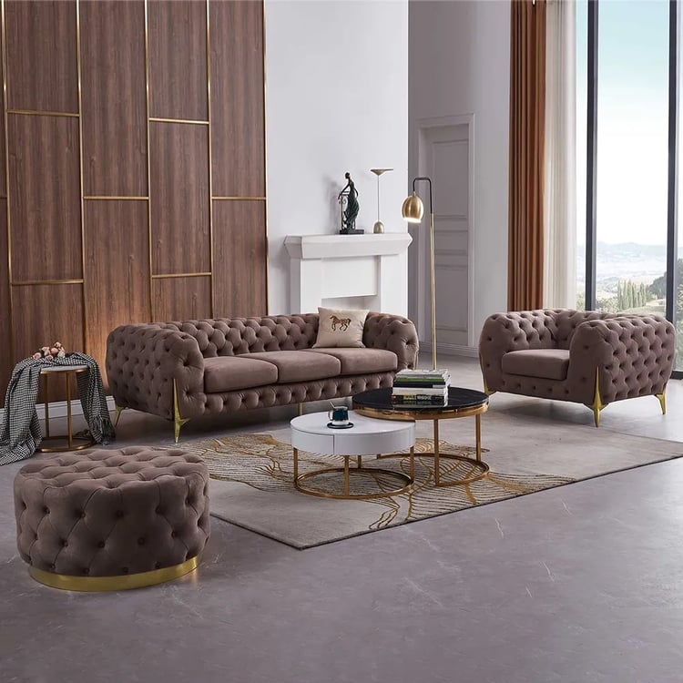 3-Piece Cognac Tuxedo Sofa Set with Armchair and Ottoman