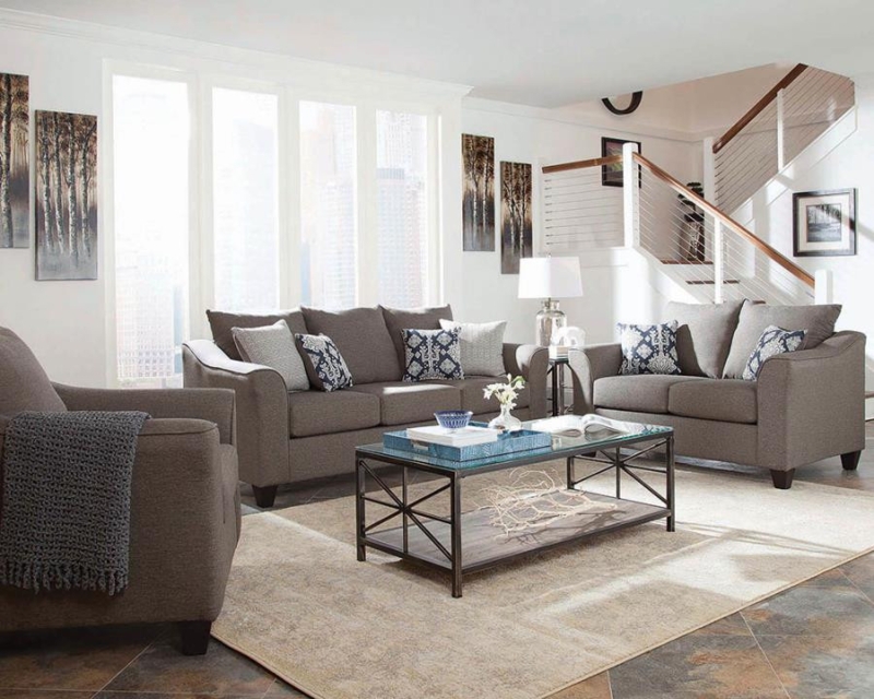 3-Piece Gray Living Room Set in Monochrome Styling with Flared Arms