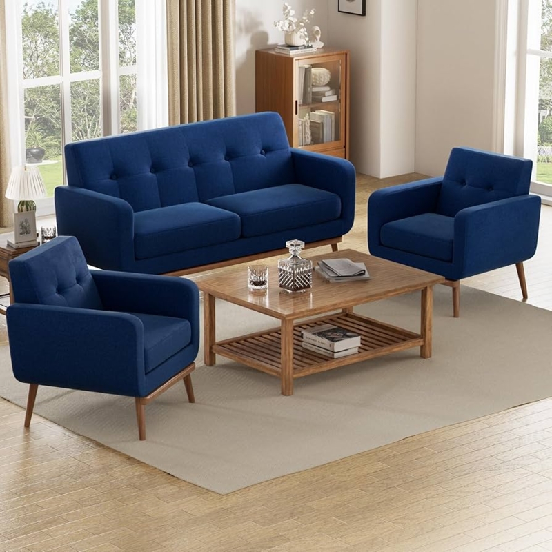 3-Piece Living Room Set Navy Blue Tapered Wood Legs
