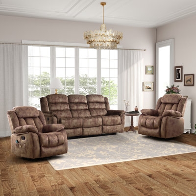 3-Piece Reclining Set Dark Brown Microfiber Pillow Arms