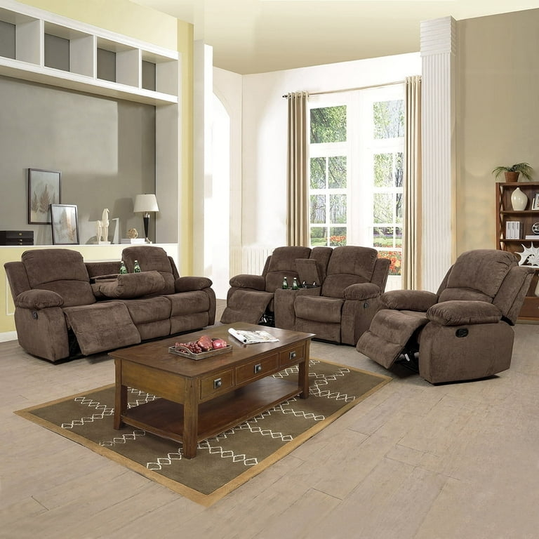 3-Piece Reclining Set: Manual Mechanisms in Brown Fabric (64 chars)