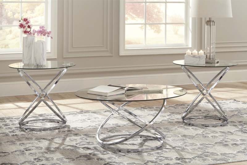 3-Piece Silver Coffee Table Set with Lattice Base and Glass Tops