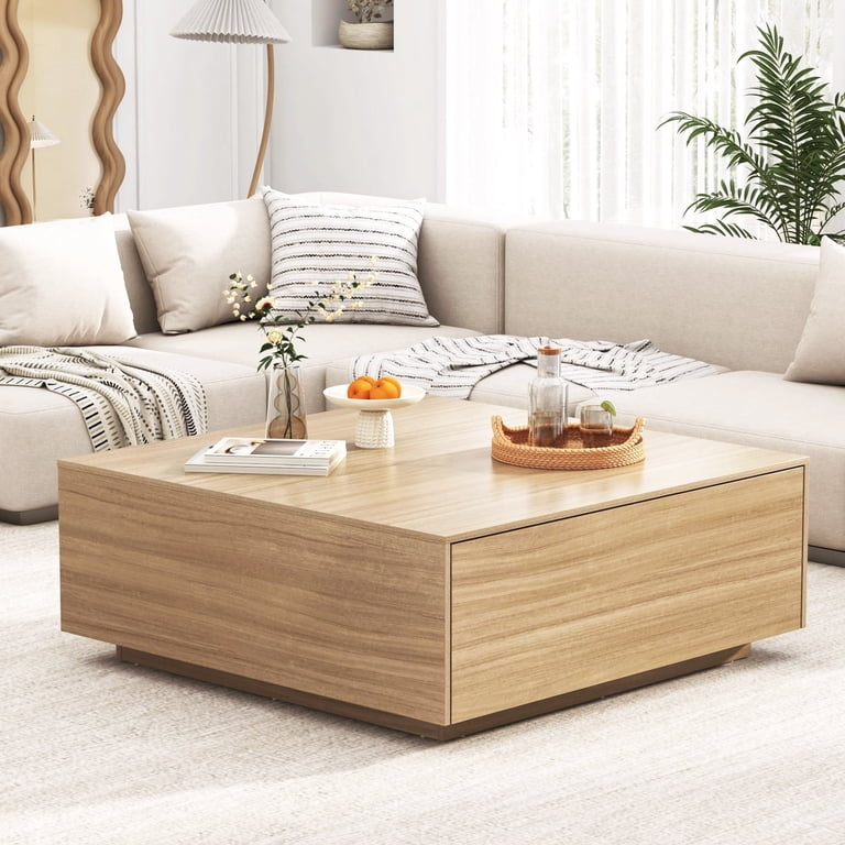 47" Oversized Square Coffee Table for Large Living Room, Large Center Table with 2 Massive Drawers, Neutral Wood Finish Wood Coffee Table for Spacious